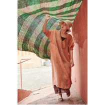 An old original with summer style honey peach orange thin pine linen semi-through bone sensation V collar loose gown with dress 5515