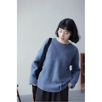 One old original deep sea blue beautiful slave wool multi bump texture tassel soft round neck knit sweater 1396