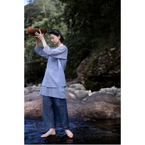 An old original with summer-style purple blue strong twine cotton yarn light and smooth and fake two Chinese breathable loose long shirts 3459