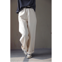 An old original with autumn and winter style This white hollow cotton yarn with high density of cotton cotton cloth tightness waist straight cylinder wide leg pants 4607