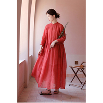 One Old Original 2021 Summer Coral Red Twist Yarn Clear Stand Collar Waist Drawstring Loose Dress 5345