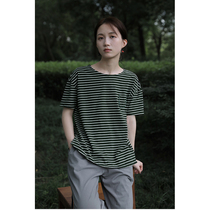 One old original 2021 summer cotton green and white stripes retro round neck loose pullover knitted T-shirt T-shirt 2670