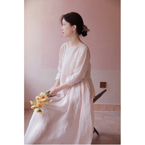 One old original 2021 summer fresh water color powder 35 fine linen clear round neck loose dress robe 4573