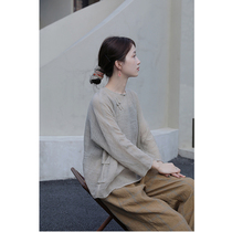 An old original with rain dew Hemp Color Thin Linen Lean linen Round neckline Artisanal Disc Buckle Loose Chinese Style Shirt 2703