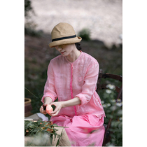 An old original summer soft pink ramee small upright collar dark door flap side open fork button light and thin loose shirt 4050-7