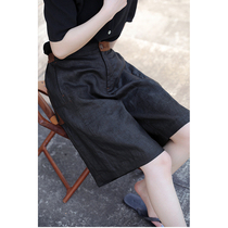 One old original summer linen potato yinx dyed fragrant cloud yarn black curry semi-elastic waist loose A character casual middle pants 4499