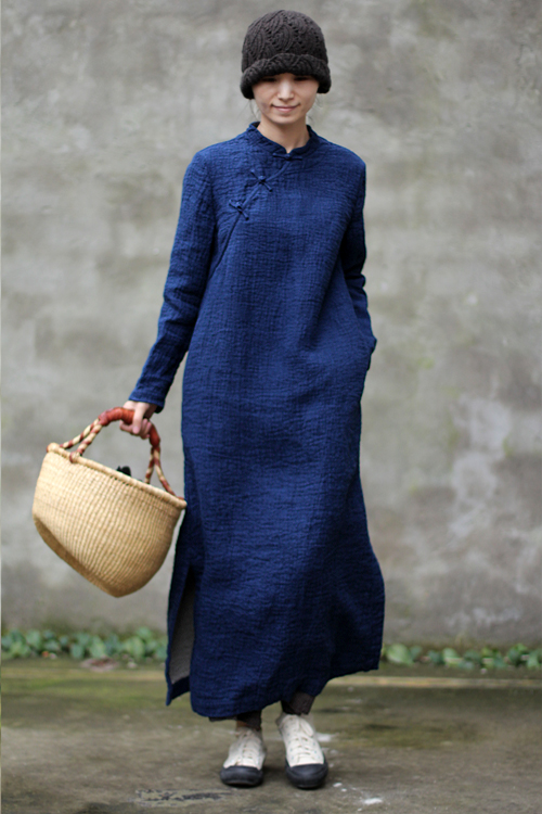 壹 Old gốc dày dày tối quaint cũ màu xanh tích cực và tiêu cực double-layer linen handmade khóa cheongsam sửa đổi ăn mặc váy len mùa đông