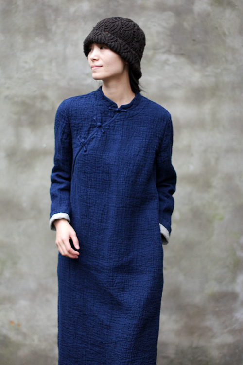 壹 Old gốc dày dày tối quaint cũ màu xanh tích cực và tiêu cực double-layer linen handmade khóa cheongsam sửa đổi ăn mặc váy len mùa đông