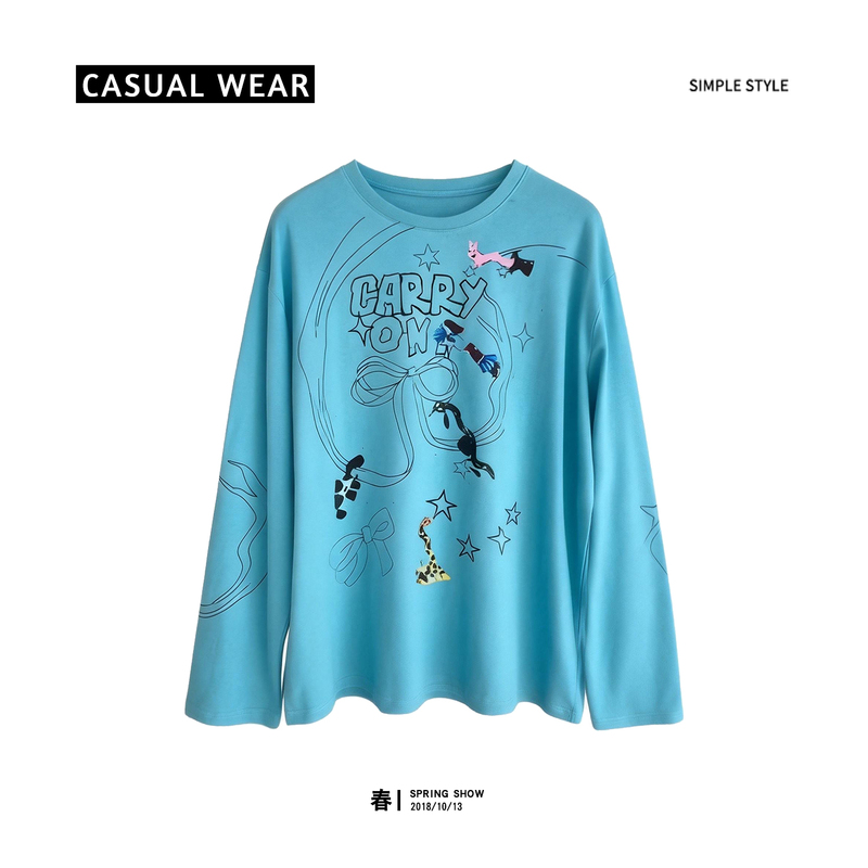 Blue Casual Style Printed Long-Sleeved T-Shirt, Round Neck Loose Top, Retro Slimming Thin T-Shirt with Niche Design Blue Casual Style Printed Long-Sleeved T-Shirt, Round Neck Loose Top, Retro Slimming Thin T-Shirt with Niche Design