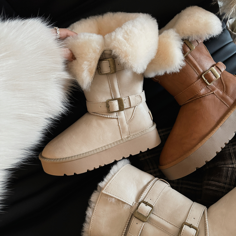 2026 New Mid-Calf White Snow Boots for Women, Winter Leather and Fur Integrated Boots, Waterproof and Anti-Slip Snow Cotton Shoes