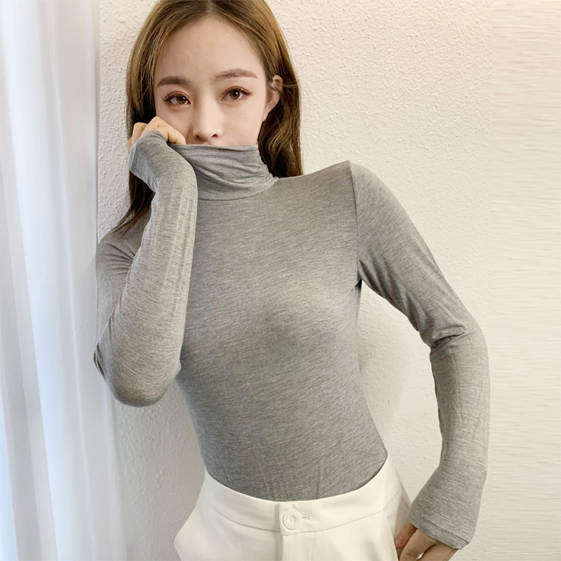 High Collar Wood Dale Beat Undershirt Woman Long Sleeve Autumn 2018 Black High Collar Modale T-shirt Woman Thin size women's dress