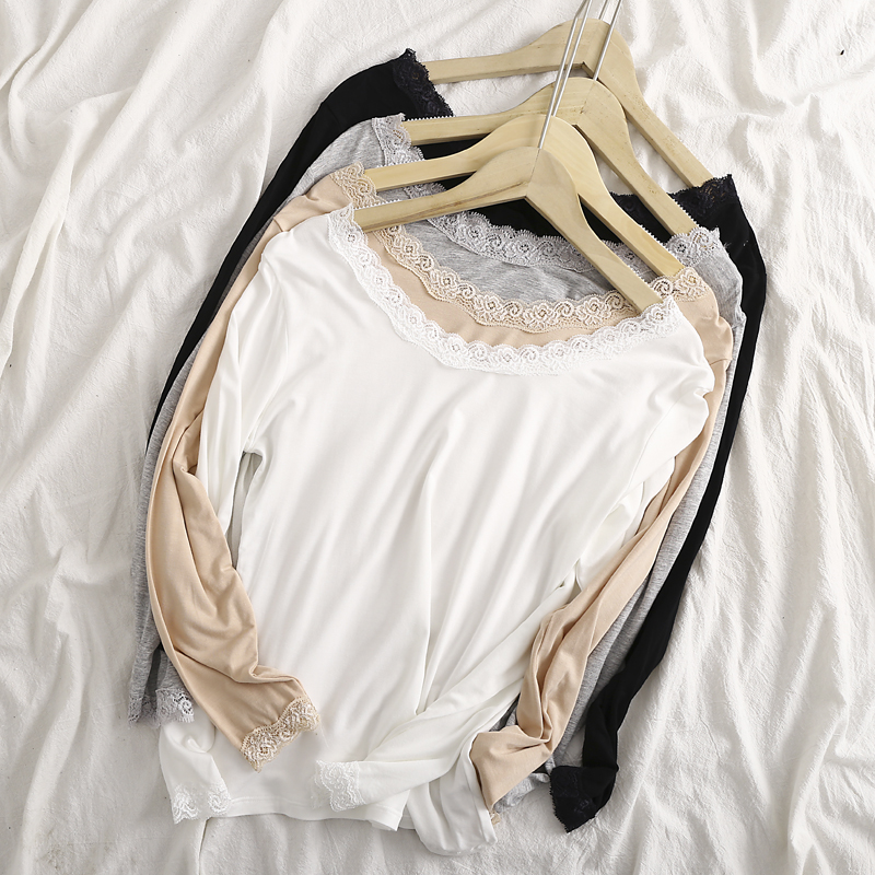 Exploits female low collar Long sleeves Modale lingerie blouse Women's undershirt T-shirt Slim Fit Super Slim Lace