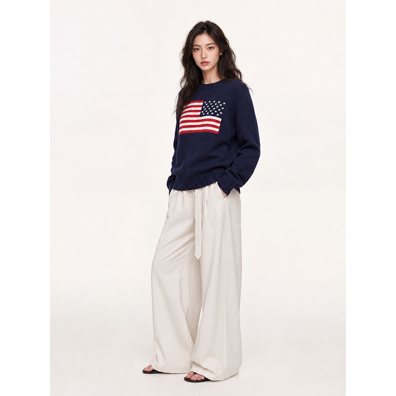 Tomatosister American Retro Flag Jacquard Pullover Sweater Autumn Lazy Long-Sleeved Top