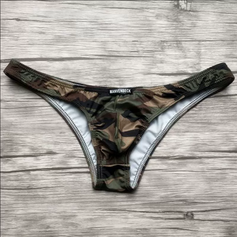 Manvenbeck Đồ lót nam Sexy Bikini Ngụy trang Màu xanh lá cây nhỏ Tam giác thấp Eo Nam U Lồi nửa Gói Quần lót hông