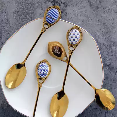 Yihong Yiju British style 304 stainless steel gold-plated inlaid ceramic handle dessert spoon coffee spoon buy full