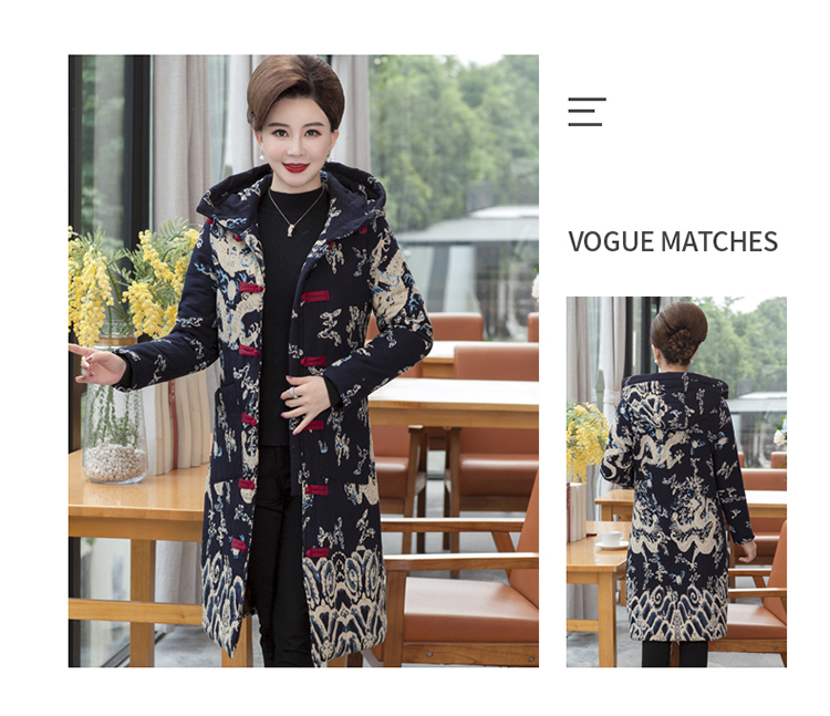 Phụ nữ trung niên áo khoác cotton mùa đông Tang phù hợp với phần dài kích thước lớn áo khoác cotton mẹ tải quốc gia mùa đông tải bông dày áo khoác cho phụ nữ 60 tuổi