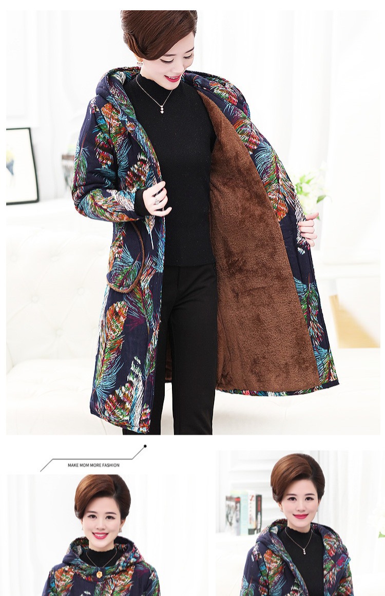 Quần áo phụ nữ trung niên mùa thu và mùa đông cotton ba lớp cộng với váy nhung dày của mẹ cộng với áo cotton dài cỡ lớn mùa đông đồ mặc nhà trung niên