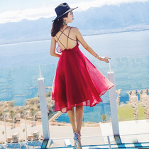 Xishuangbanna red jumpsuit seaside vacation Super fairy beach dress Sanya travel photo clothes women travel