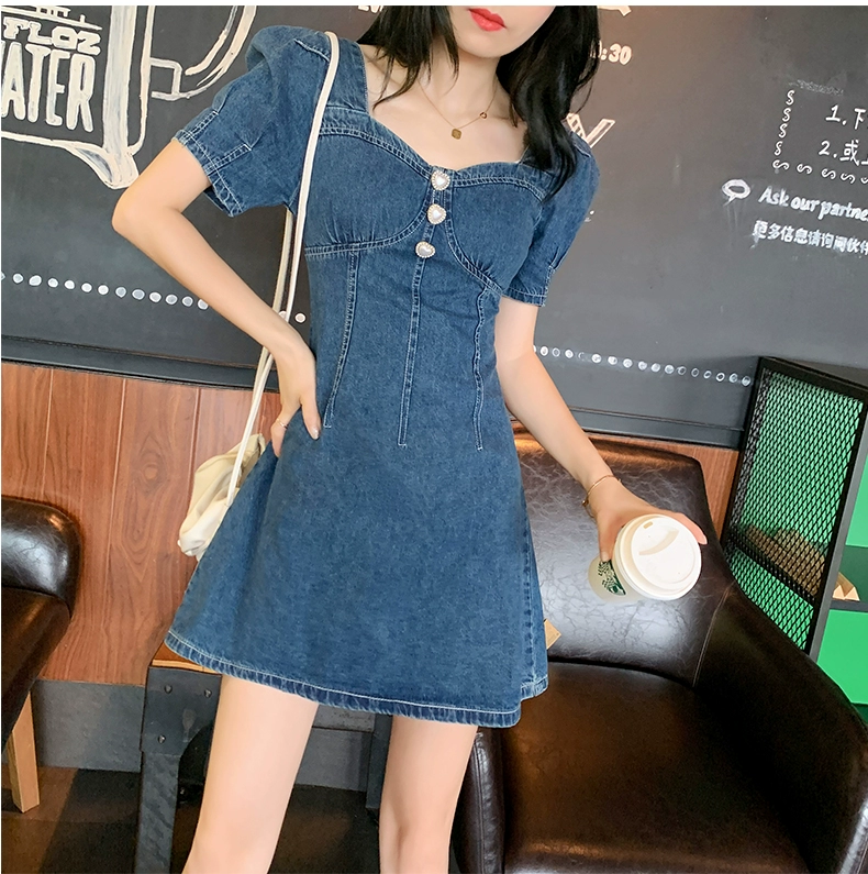 New Pháp Retro Eo Puff Puff Dress Nữ 2020 Mùa hè mỏng cổ áo vuông A-line Váy - A-Line Váy