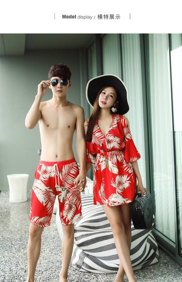 Cặp đôi đồ bơi phù hợp với bikini nữ ba mảnh bảo thủ che bụng thon gọn tay áo Hàn Quốc suối nước nóng nhỏ đồ đôi nam nữ đi biển