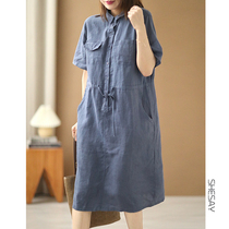Xiao said literature and art casual loose and thin covered meat turnover tooling linen short sleeve one-piece dress length dress 2022 new