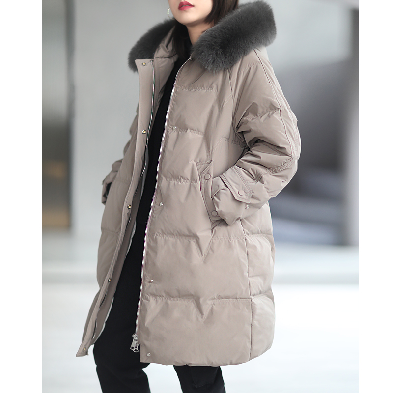 Xiao says trendy with gas field long version of slim pure color Even cap Large fur collar thickened white duck down down jacket jacket