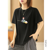 Xiao said easy and reduced age 100 lap printed round collar short sleeve T-shirt female display slim half sleeve blouse 2022 summer new