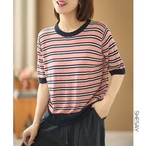 Xiao said color-worthy superzantine cool feeling moderately loose with super-dominant thin striped tencel linen short sleeve needle cardigan