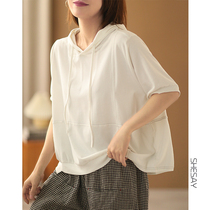 Xiao Says Minimalist Design Sense Ultra Slim Syro Cotton Loose With Sex Bright Line Crash with Hat T-shirt Woman Short Sleeve