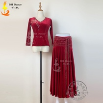 2021 modern dance skirt gold velvet Spring and Autumn new dance dress gorgeous diamond belt big swing skirt set