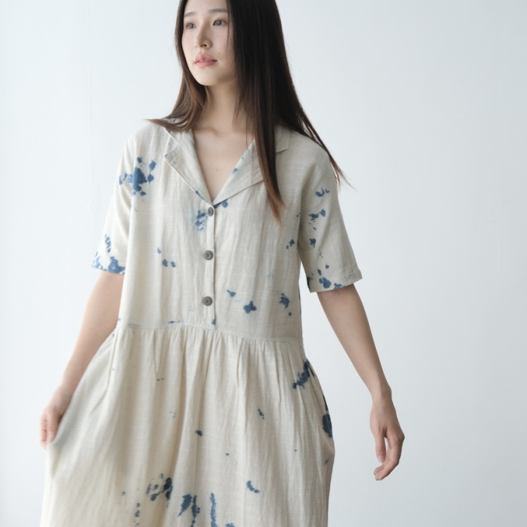 Handmade Blue-Dyed Pure Cotton French Suit Collar Short-Sleeved Long Dress 3 Colors Handmade Blue-Dyed Pure Cotton French Suit Collar Short-Sleeved Long Dress 3 Colors