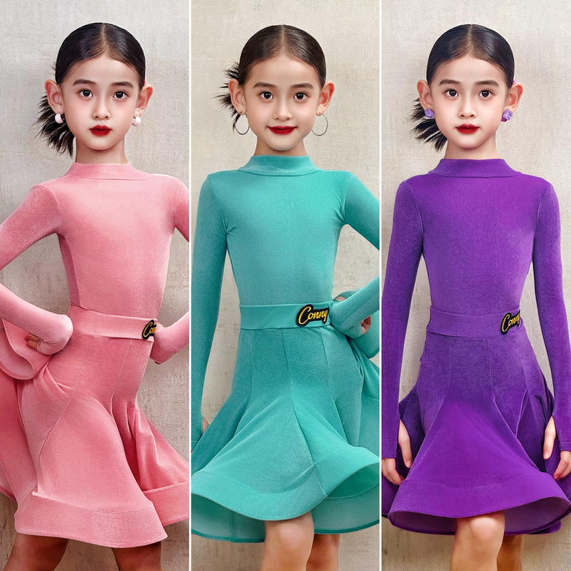 Conny Children's Latin Dance Dress for Girls, Competition Standard Costume, High Neck, Long Sleeves, Fishbone Skirt