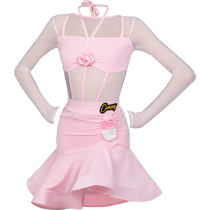 CONNY Latin dance suit dance practice clothes girls performance clothes mesh long sleeves pink and white
