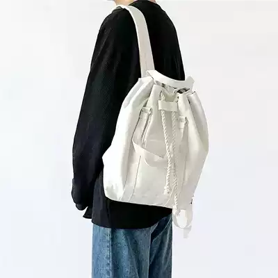 White seven Japanese backpack ins super fire solid color canvas college style backpack drawstring student portable school bag men and women