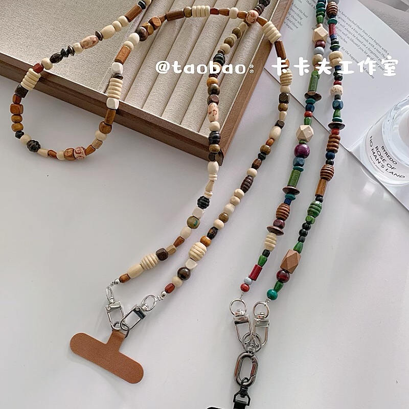Personalized Retro Color-Blocked Hand-Beaded High-End Phone Crossbody Chain Anti-Drop Crossbody Strap Ccd Camera Strap Trendy