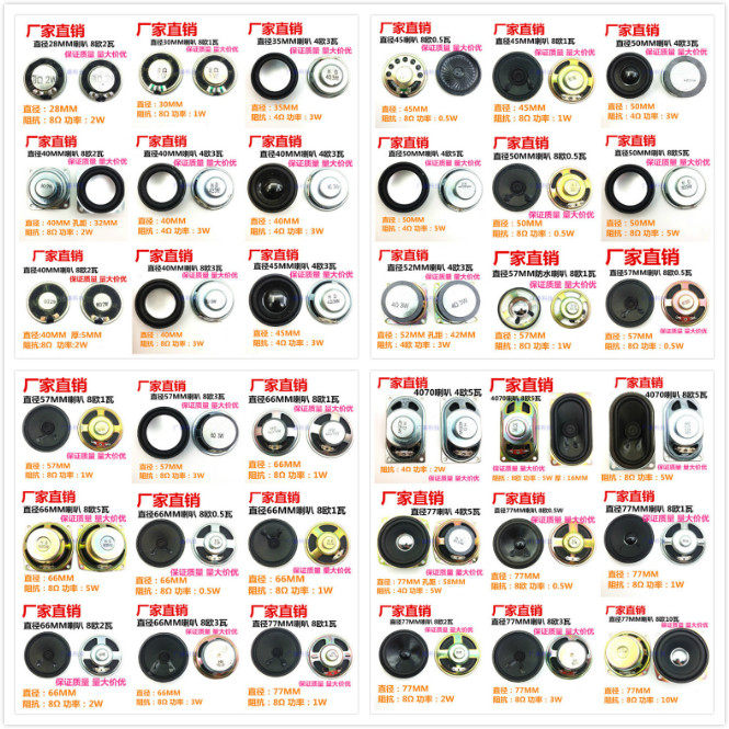 Diameter 40 45 50 52 57 66 77 Round speaker 4 8 Ohm 0 5 1 2 3 5 10 15 watt speaker