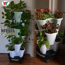 Three-dimensional multi-layer superimposed plastic flowerpot balcony planting pot pot with mobile flowerpot tray