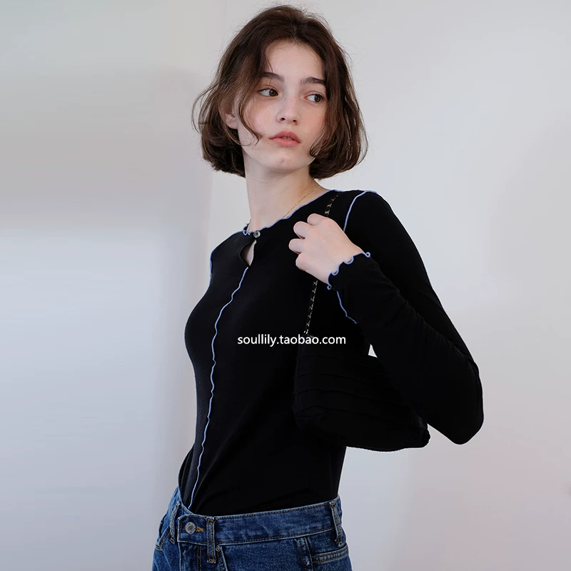 Корейский модный топ весна и осень из шерсти мелкой фактуры, slim, черная рубашка с длинным рукавом, женский