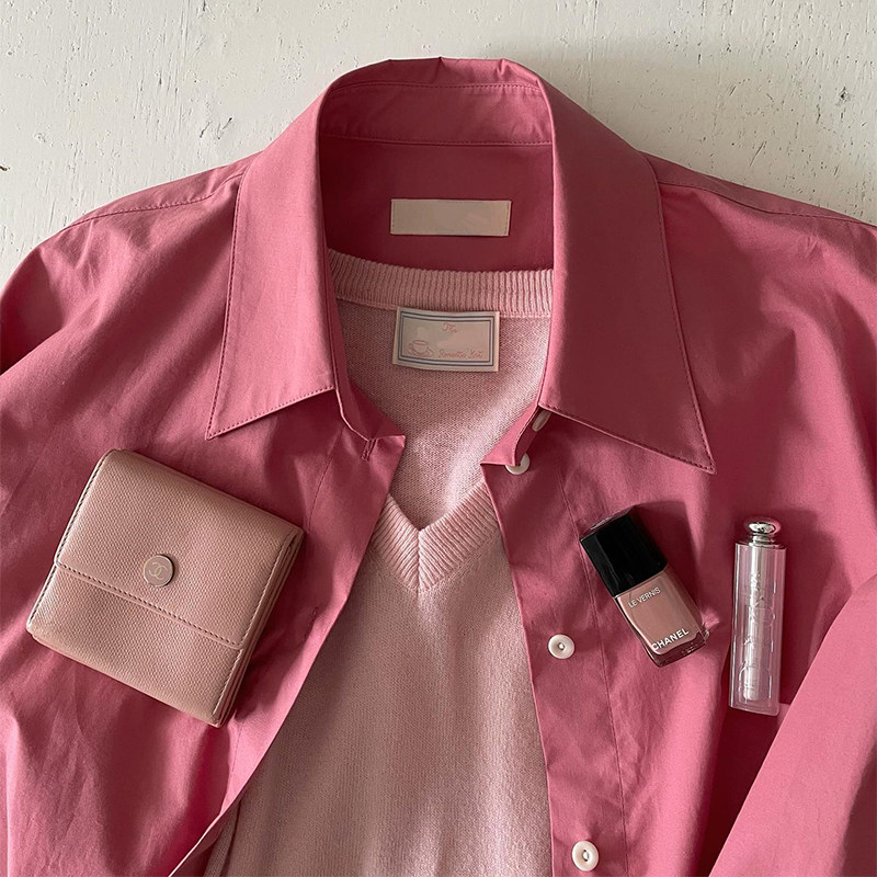 South Korea Modestmood 2023 Spring and Autumn Cotton 100% casual shirt sweet pink shirt niche design