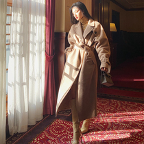 Mei Sanguan oatmeal striped wool coat womens winter new double-sided wool coat mid-length temperament high-end