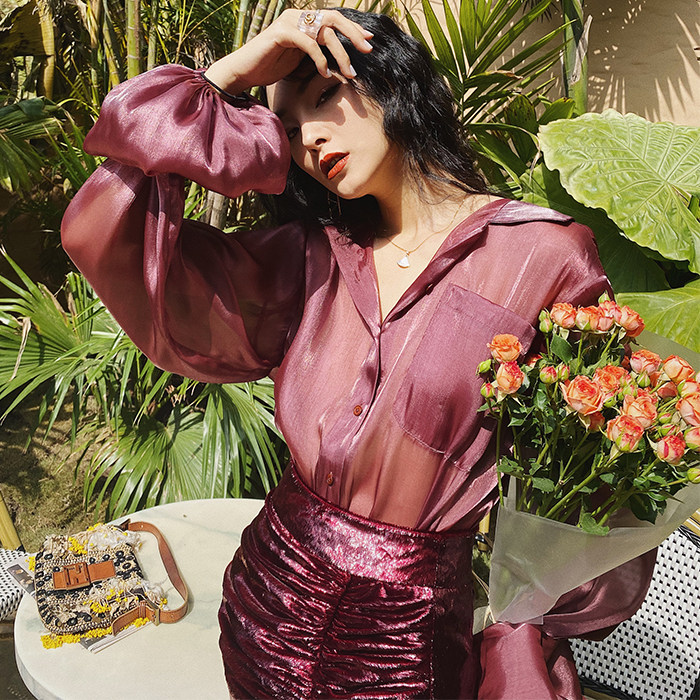 Mei San Guan a purple grape purple lantern sleeve loose shirt female summer new design sense minority sunscreen shirt