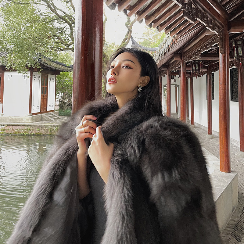Zhao Triple View Grey Fox Fur Straw Coat Female Winter 2020 New Young medium Long version plus cotton