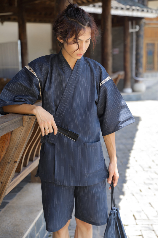 Japanese-Style Men's Kimono-Style Pajamas, Yukata, Loungewear Set, Sauna Short-Sleeve and Shorts Set, Simple Cotton and Linen