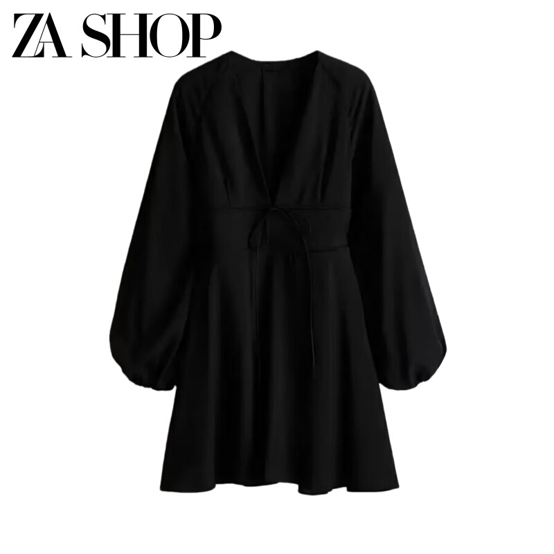 2026 Spring New French Elegant Slimming Bow Decorated V-Neck Long Sleeve Mini Dress 1266639