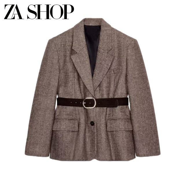 2025 winter new women's lapel long-sleeved shoulder pads and belt herringbone twill suit jacket 4387263