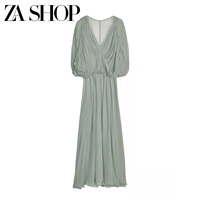 25 new summer women's pleated V-neck cape-style sleeves long skirt midi dress 2954285