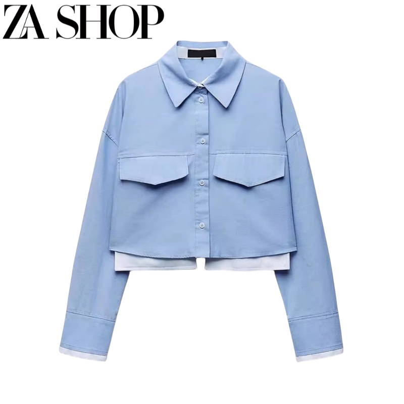 New Women's Long-Sleeved Collared Blue Short Top with Large Pockets and Patchwork Decoration Oxford Shirt 2095893