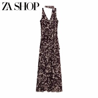 2026 spring and summer new women's V-neck polka dot printed tulle scarf decorated long skirt midi dress 5039265