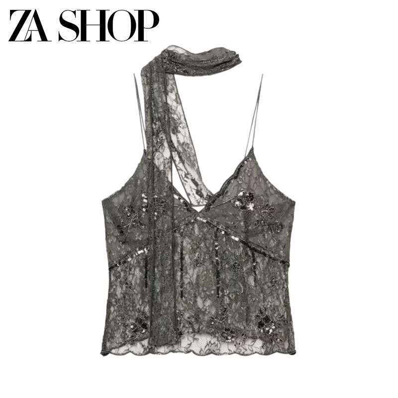 2026 Autumn New Women's Lace Beaded Embroidered Scarf Camisole Short Top 5063813