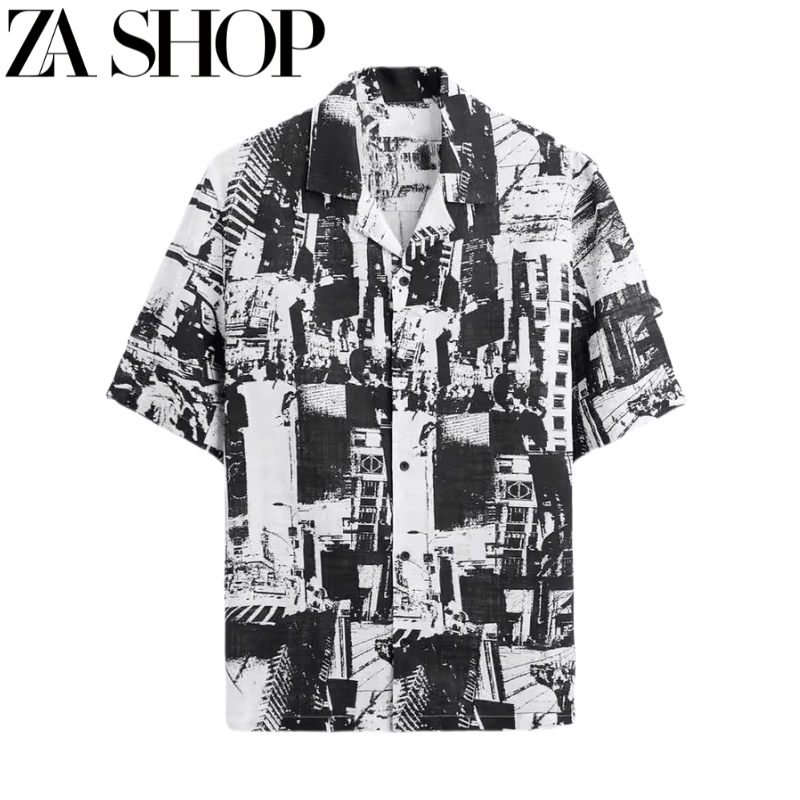 Summer New Men's Clothing Black Printed Loose Top Casual Bowling Collar Short-Sleeved Shirt 0399248